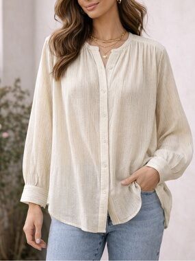 Mille Florian Top XS Ivory Gold Stripe Cotton Metallic Blouse Resort $228 NWT